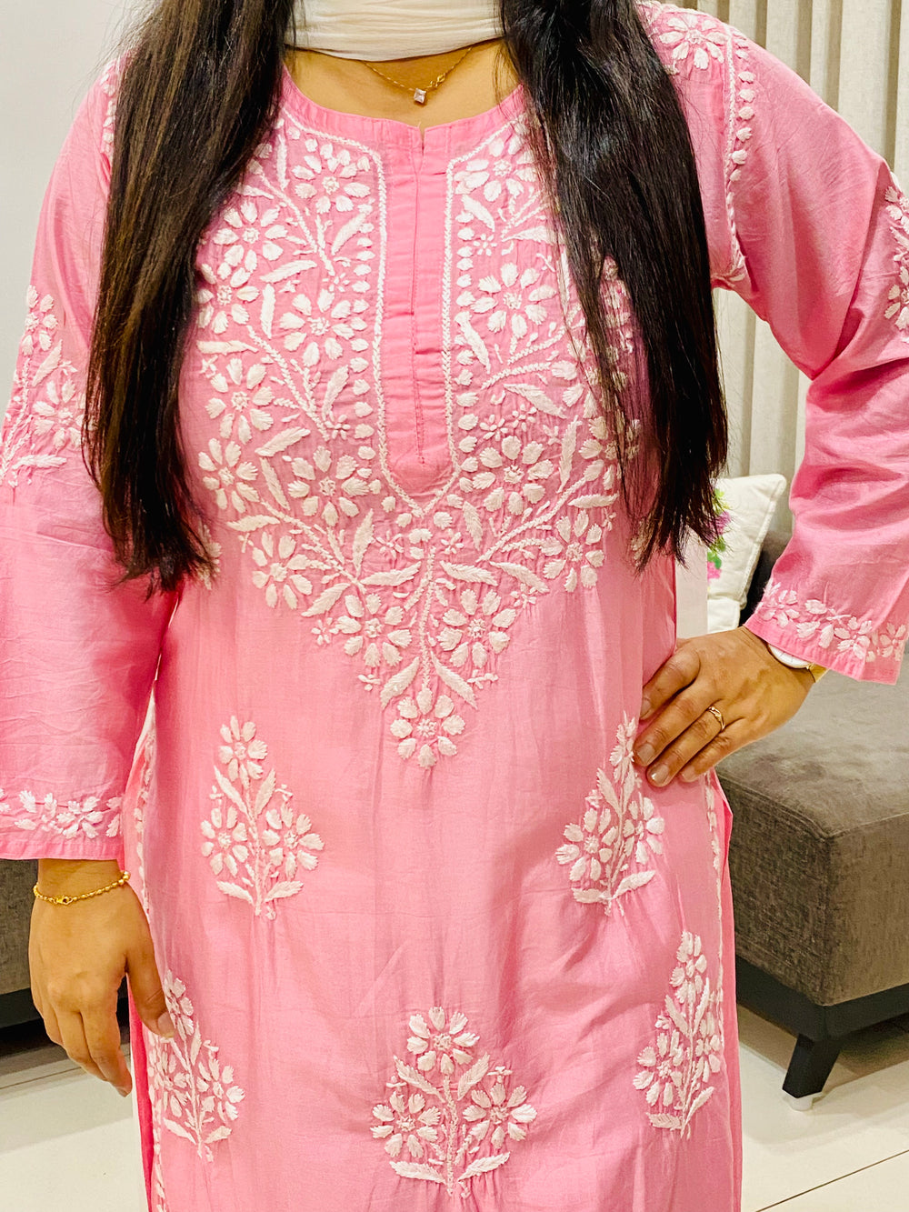 Pink Rida Premium Chanderi Chikankari Women's Solid Long Kurta