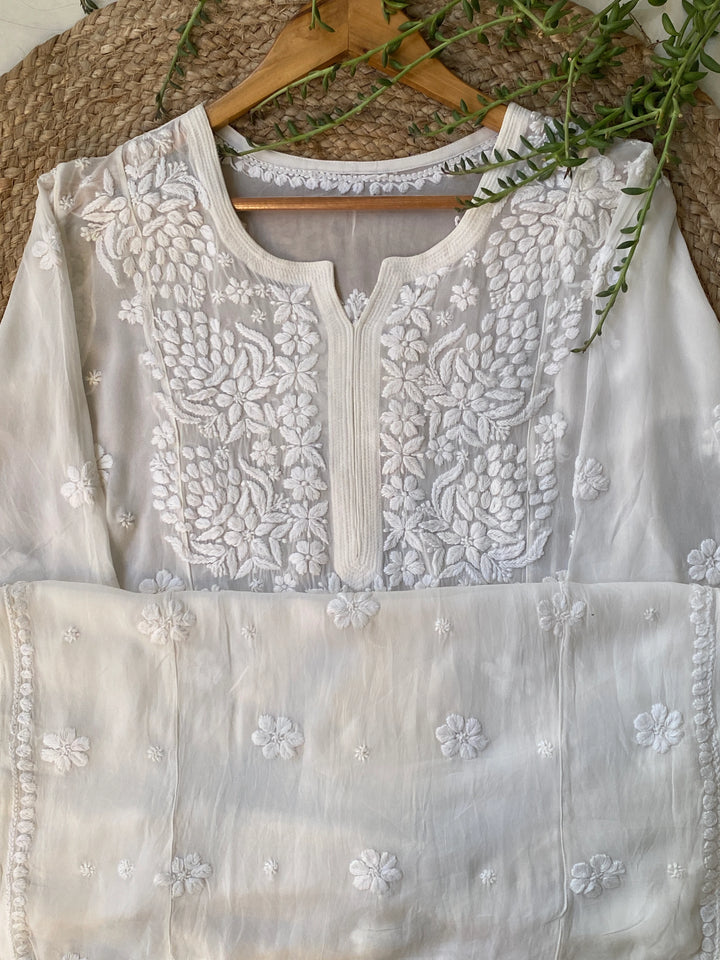 White Zoya Viscose Chikankari Kurta with Dupatta