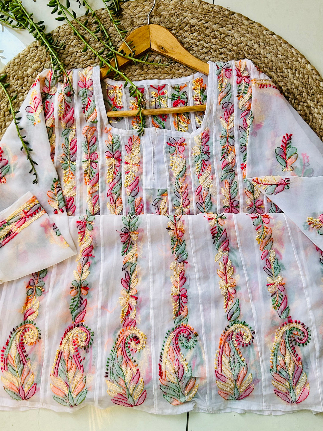White Tara Resham Chikankari Hand Embroidered Women's Anarkali Kurta