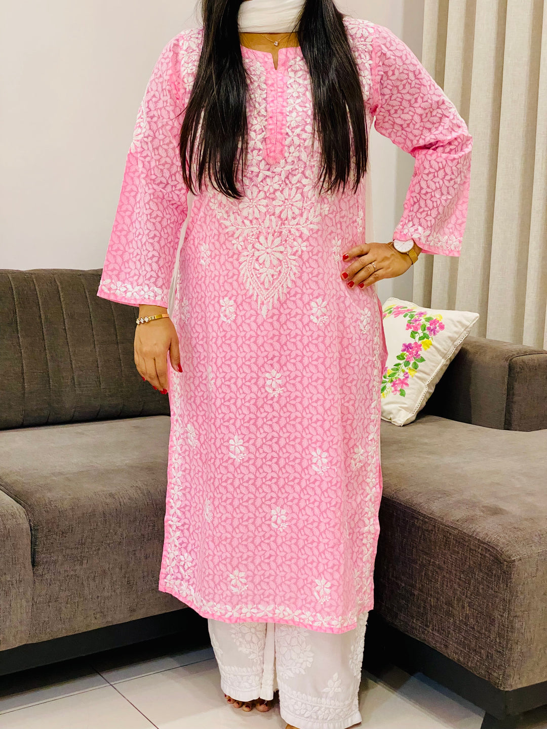 Baby Pink Aadita Mulmul Cotton Chikankari Handwork Women's Floral Long Kurta