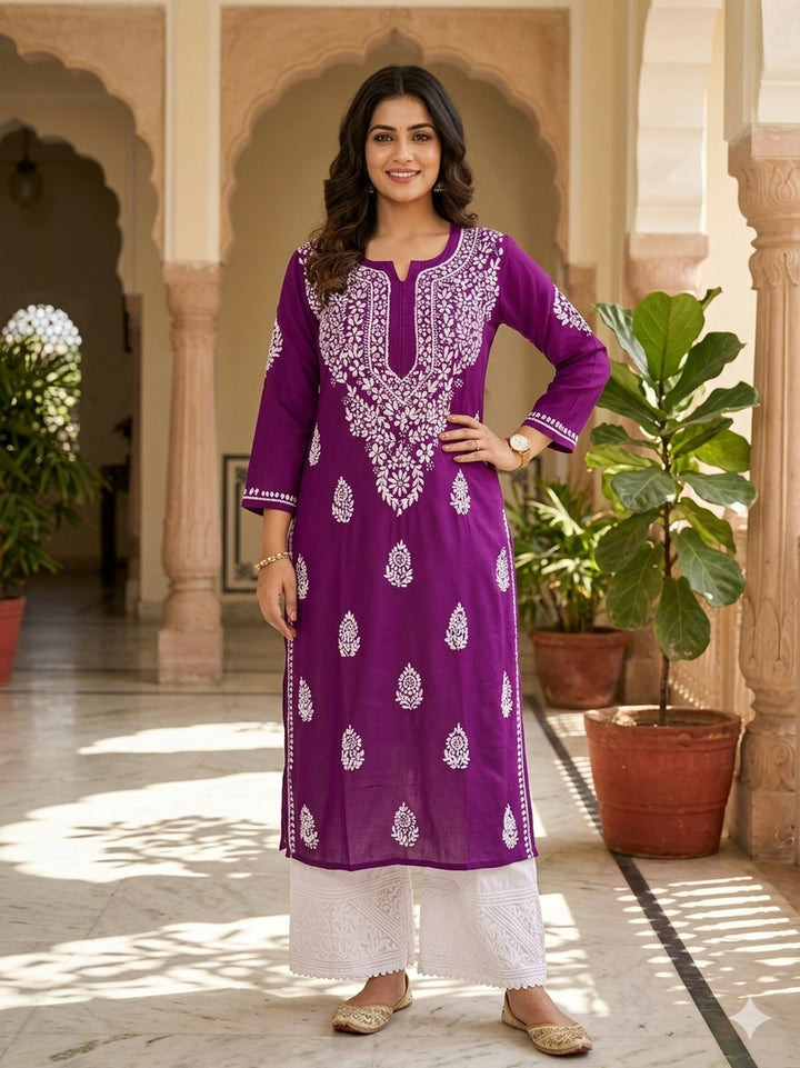 Niya Premium Modal Chikankari Solid Women's Long Kurta - Wine