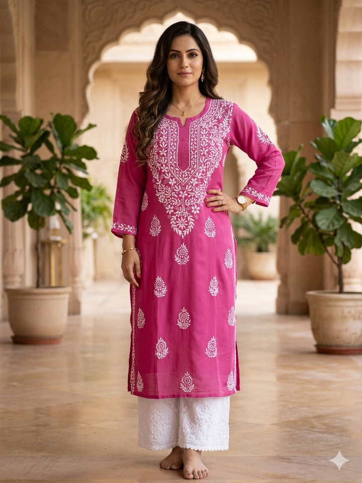 Niya Premium Modal Chikankari Solid Women's Long Kurta - Dark Pink