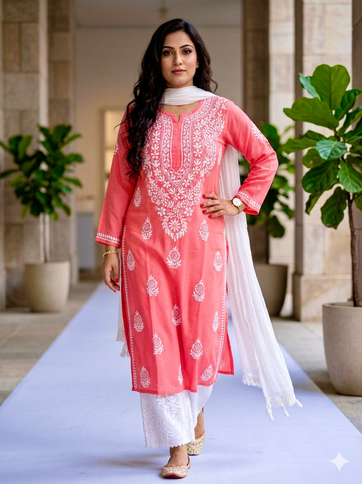 Niya Premium Modal Chikankari Solid Women's Long Kurta - Peach