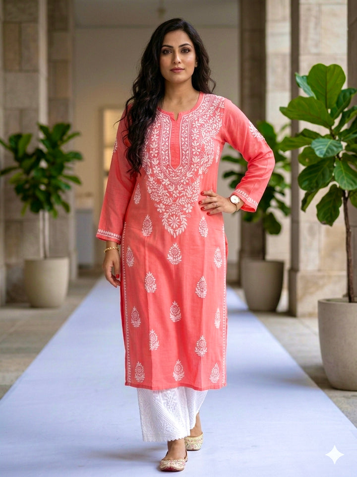 Niya Premium Modal Chikankari Solid Women's Long Kurta - Peach