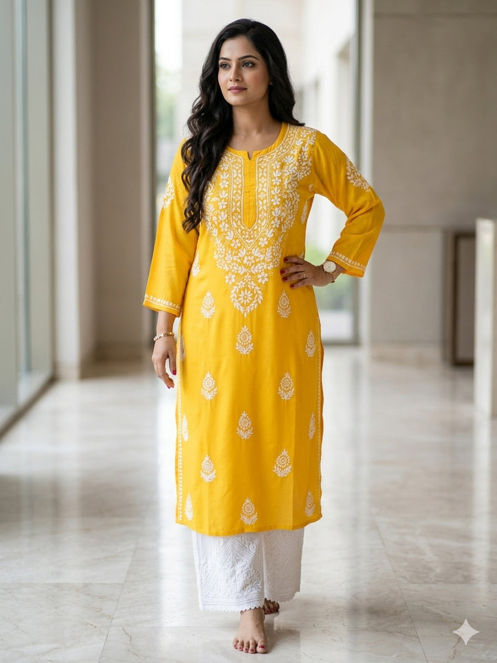 Niya Premium Modal Chikankari Solid Women's Long Kurta - Yellow