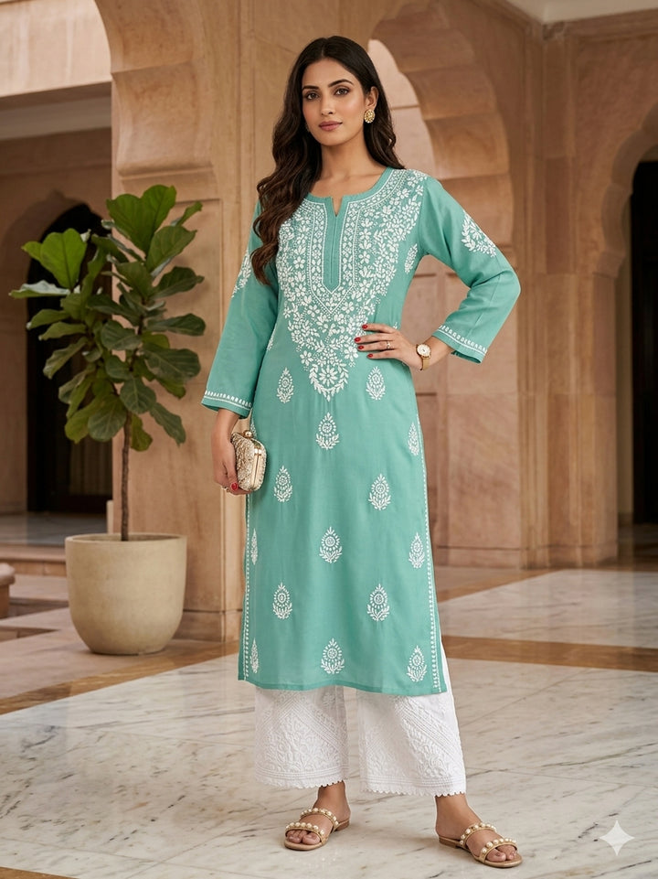 Niya Premium Modal Chikankari Solid Women's Long Kurta - Army Green