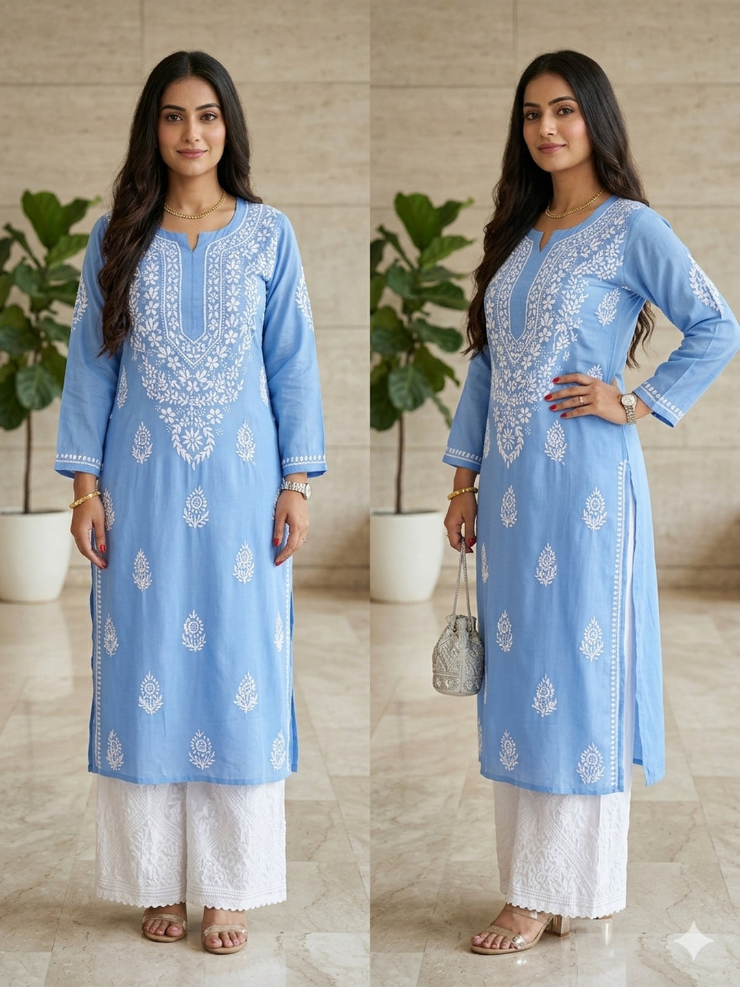 Niya Premium Modal Chikankari Solid Women's Long Kurta - Powder Blue