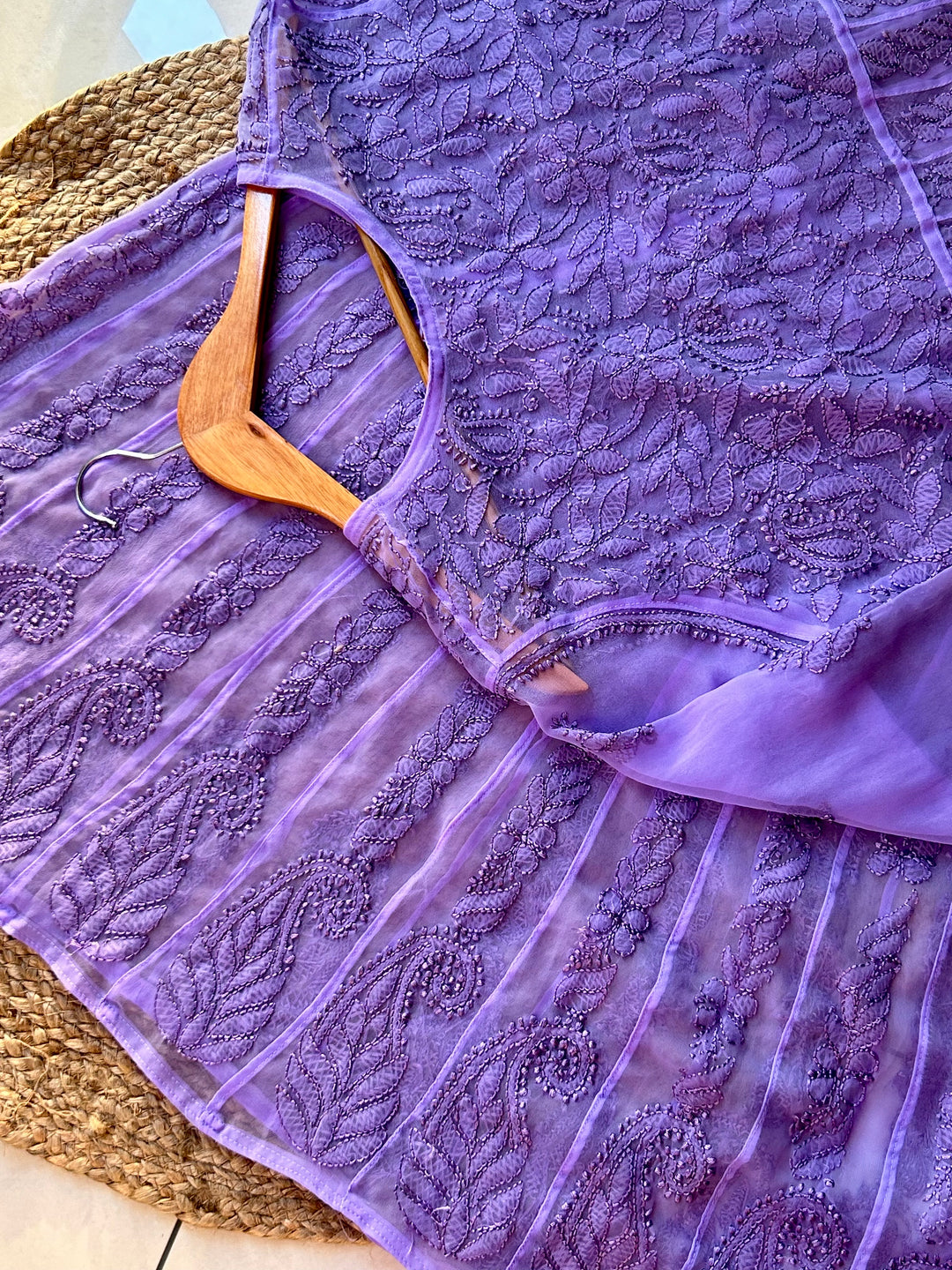 Lavender Tara Resham Chikankari Hand Embroidered Women's Yog Anarkali Kurta
