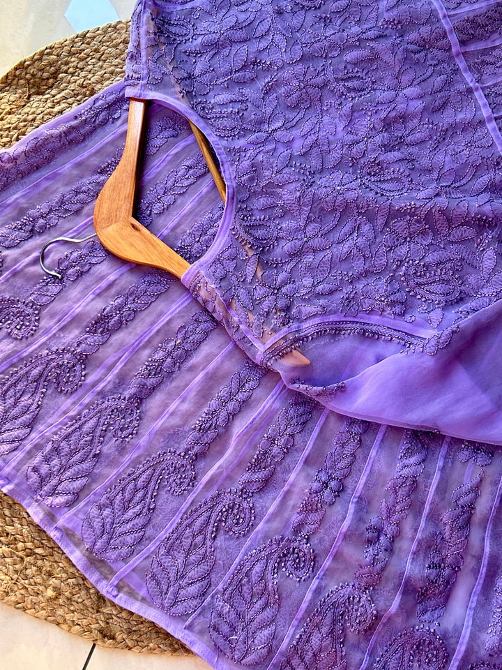 Lavender Tara Resham Chikankari Hand Embroidered Women's Yog Anarkali Kurta