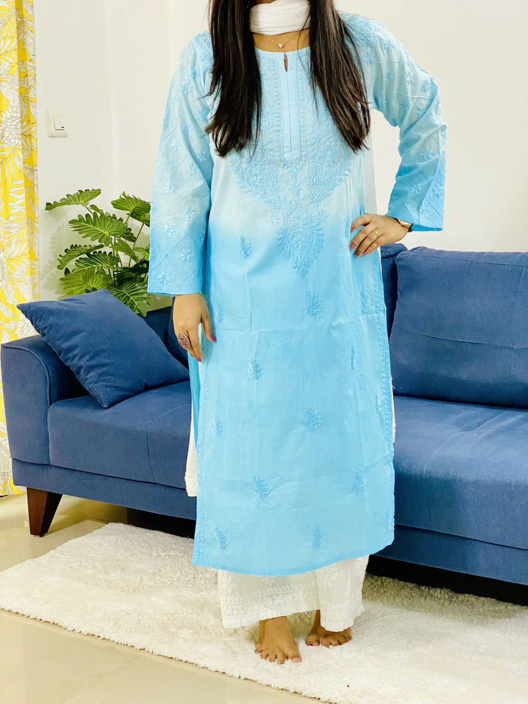 Sky Pintex Cotton Chikankari Handwork Ombre Women's Long Kurta