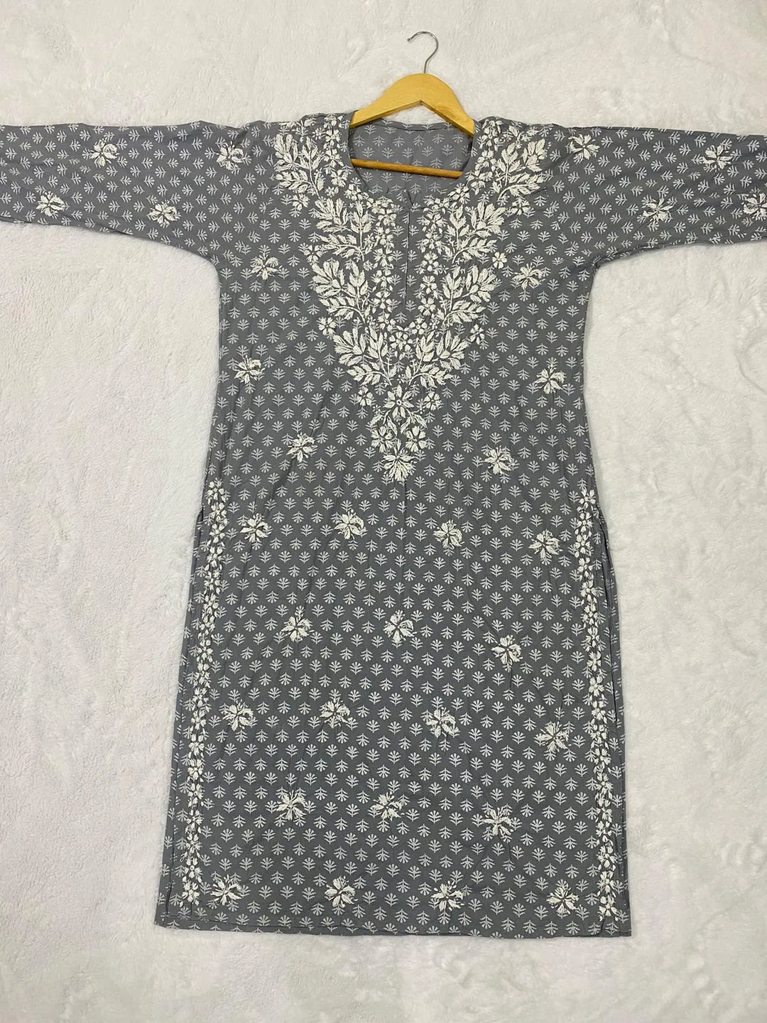 Grey & White Inayat Cotton Chikankari Hand Embroidered Women's Long Kurta