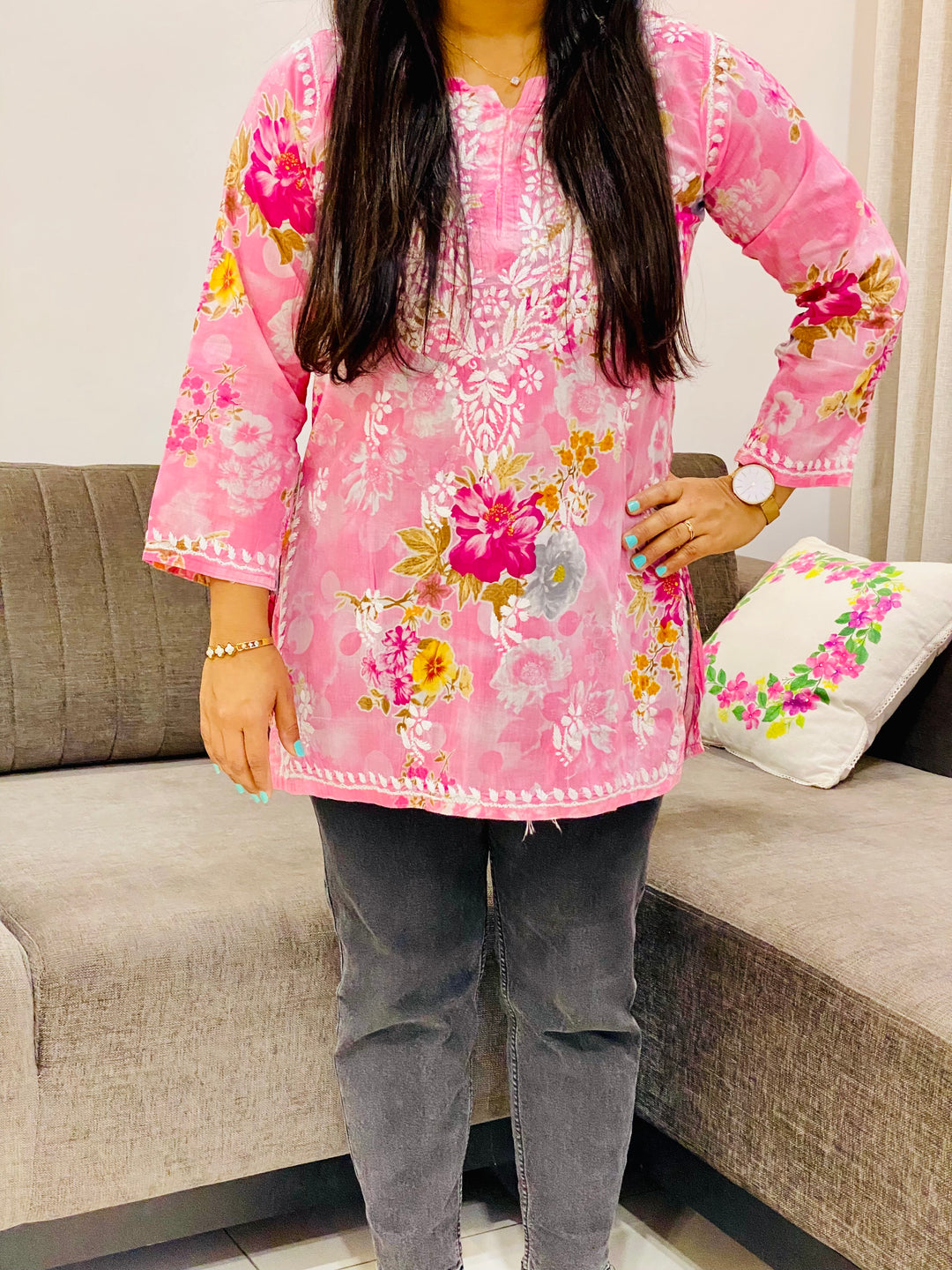 Baby Pink Nisha Mulmul Chikankari Hand Embroidered Women's Floral Short kurta
