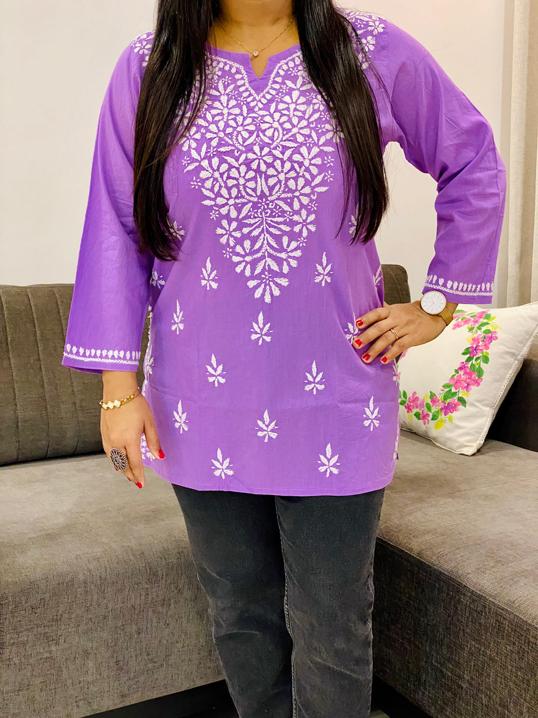 Lavender Ekra Cotton Chikankari Solid Women's Short Kurta