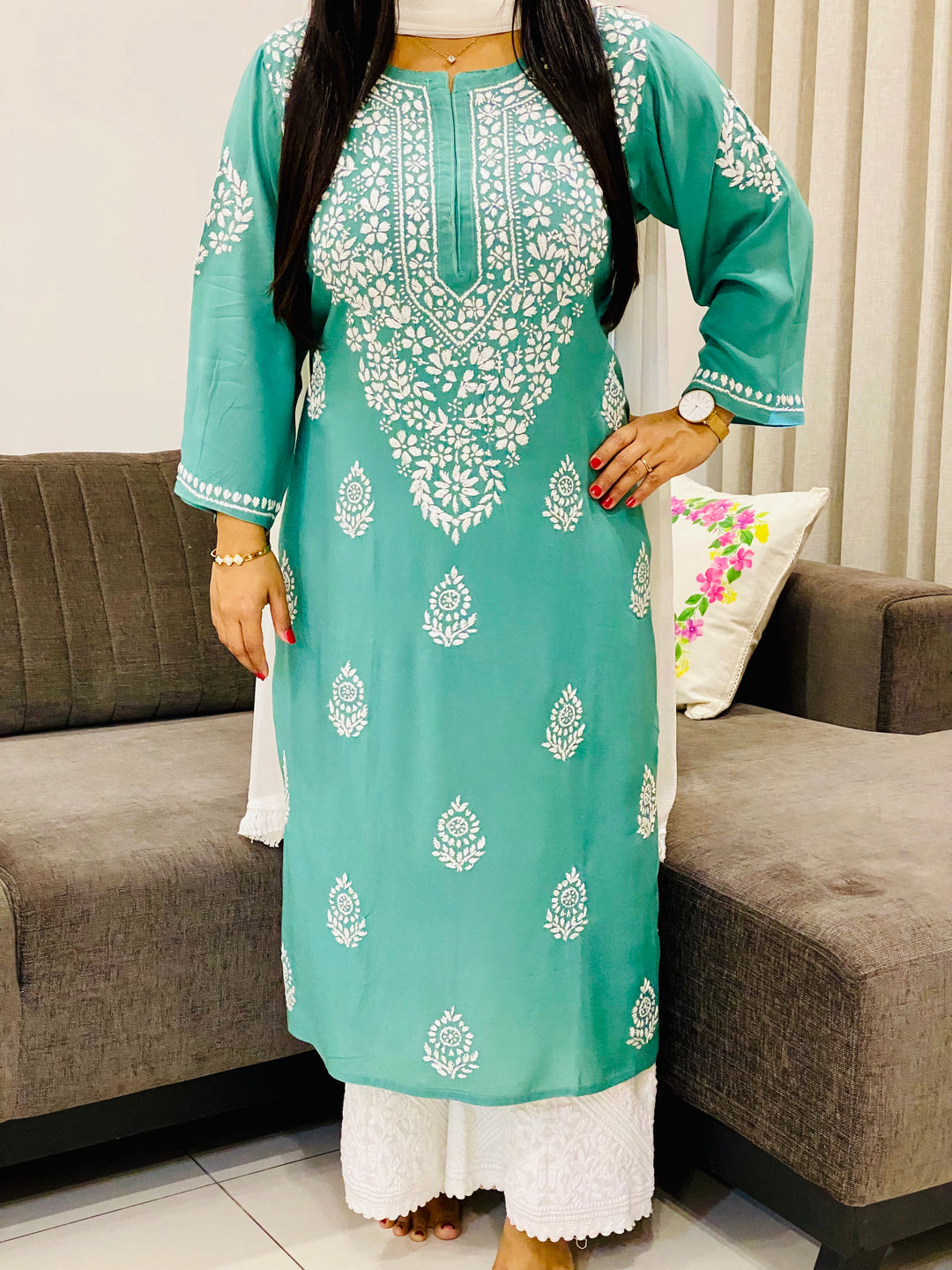 Army Green Niya Premium Modal Chikankari Solid Women's Long Kurta