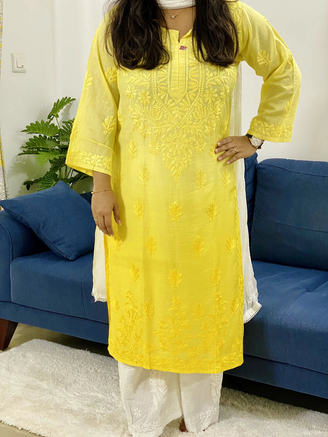 Yellow Murraya Chanderi Silk Chikankari Hand Embroidered Women's Solid Long Kurta