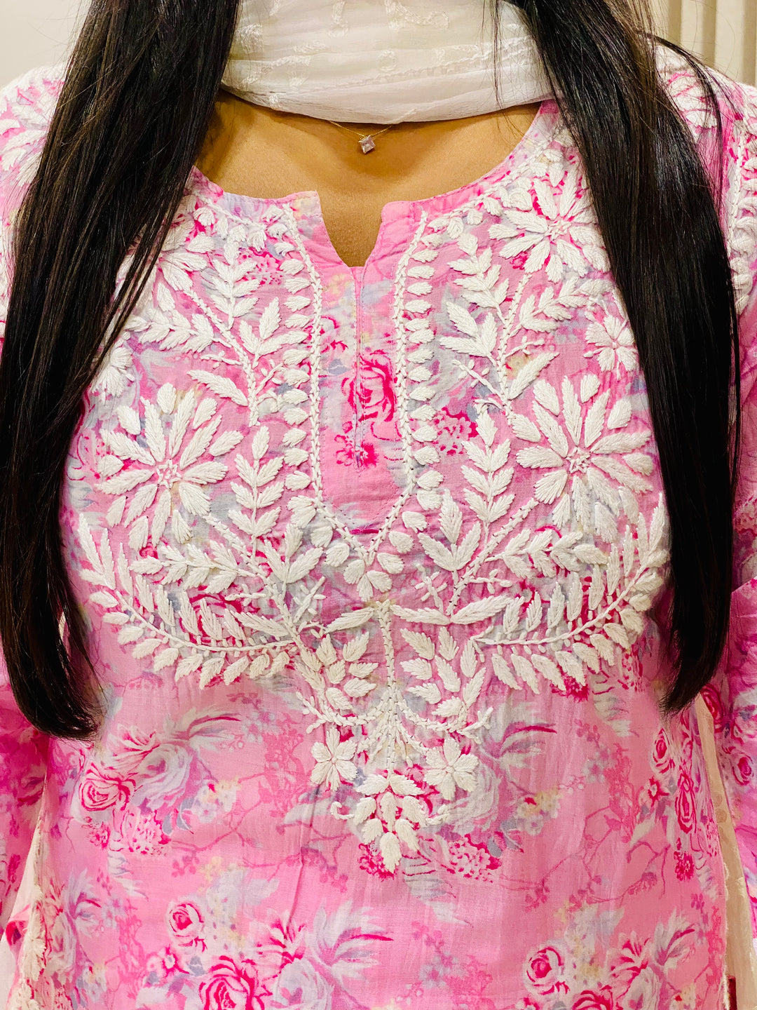 Pink Vaani Mulmul Chikankari Hand Embroidered Floral Women's co-ord set