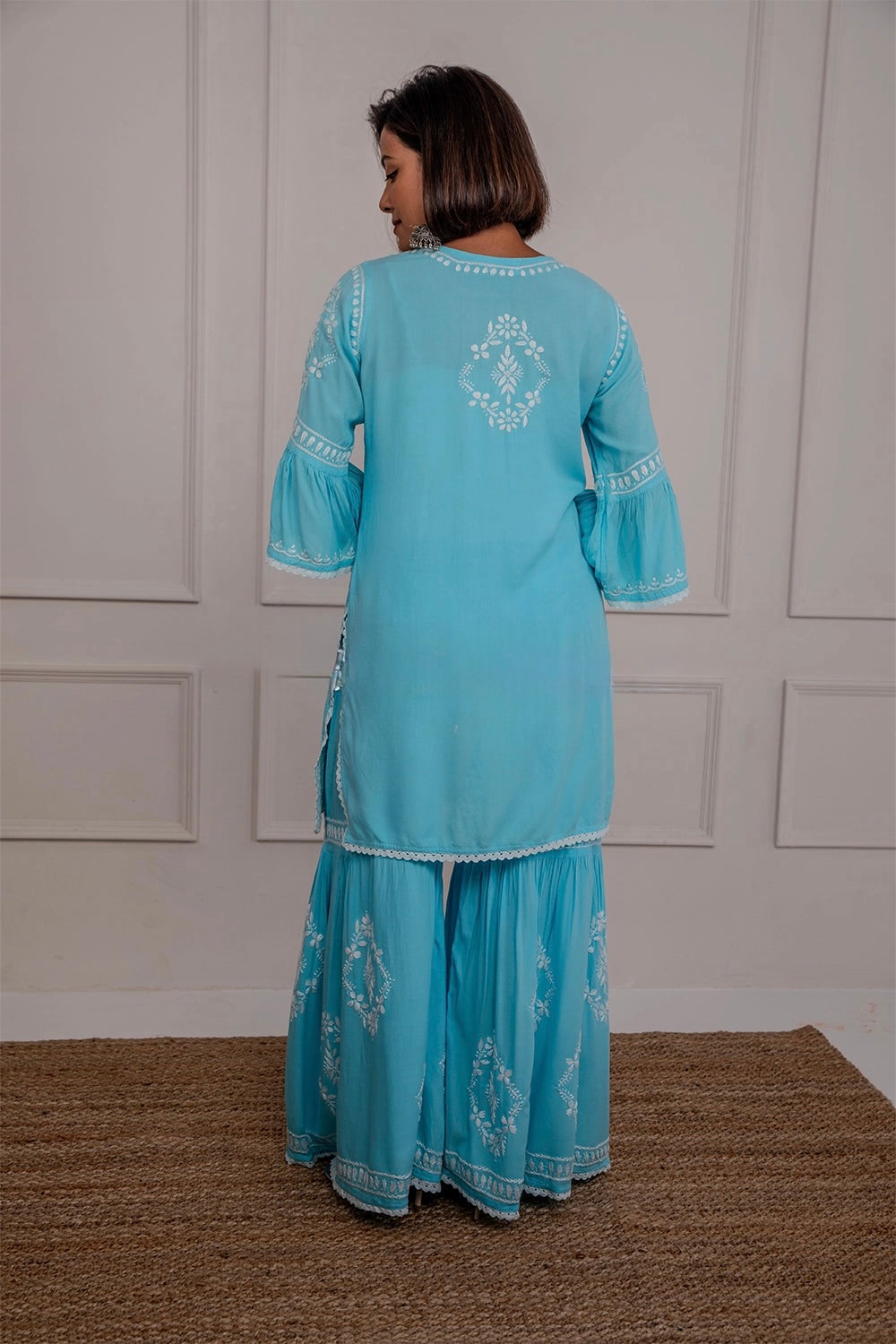 Navya 3D Chikankari Hand Embroidered Womens Gharara Set - Sky