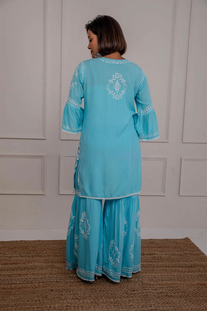 Navya 3D Chikankari Hand Embroidered Womens Gharara Set - Sky