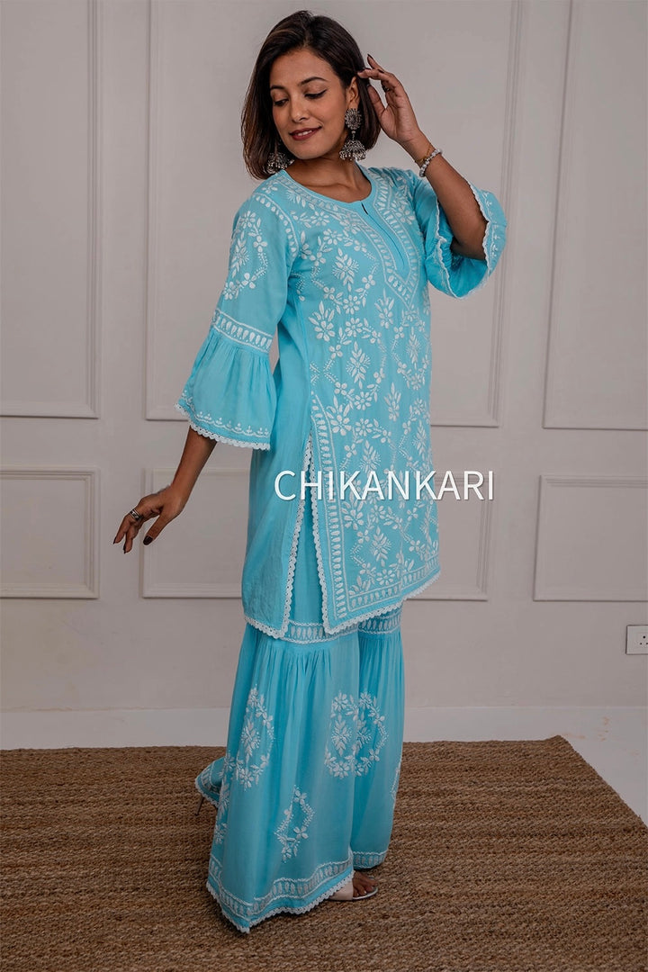 Navya 3D Chikankari Hand Embroidered Womens Gharara Set - Sky