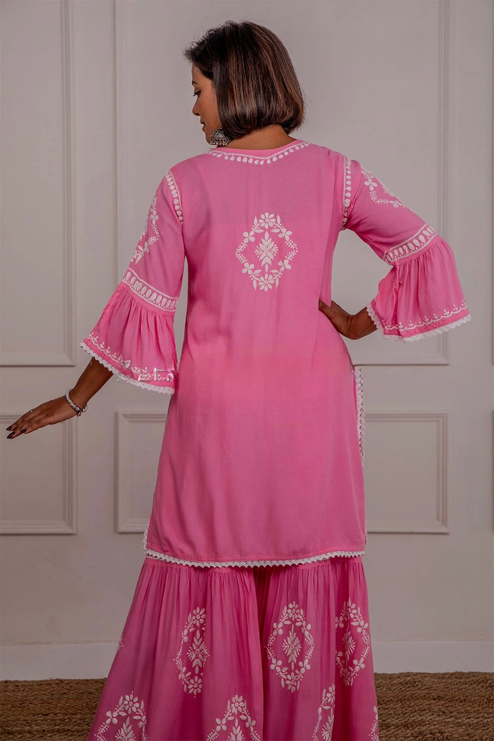 Navya 3D Chikankari Hand Embroidered Womens Gharara Set - Pink