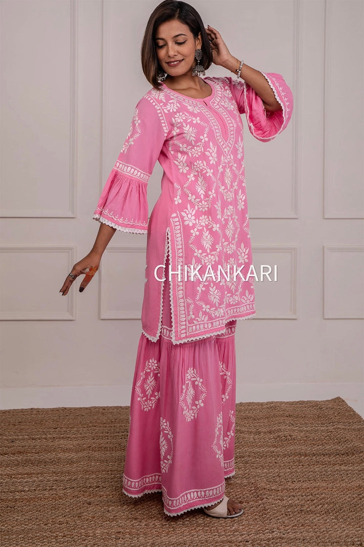 Navya 3D Chikankari Hand Embroidered Womens Gharara Set - Pink
