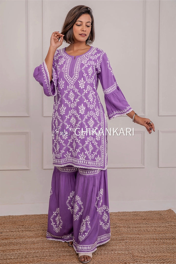 Navya 3D Chikankari Hand Embroidered Womens Gharara Set - Purple