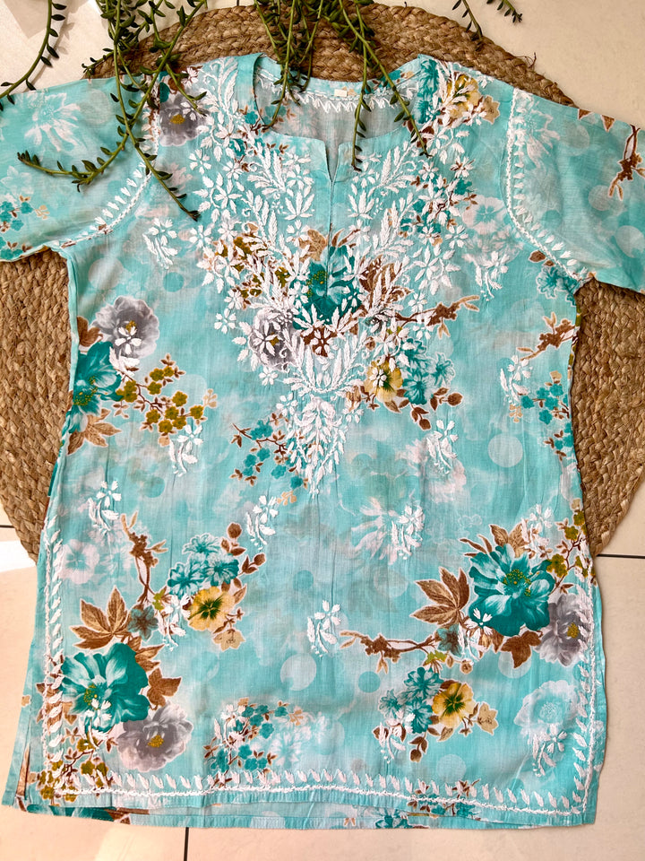 Nisha Mulmul Chikankari Hand Embroidered Women's Floral Short kurta - Mint Blue