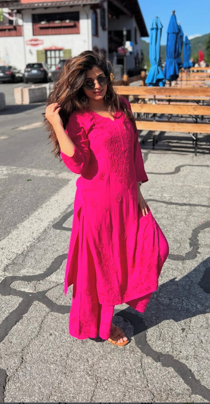 Palak Premium Chikankari Hand Embroidered Kurta Palazzo Set - Rani Pink