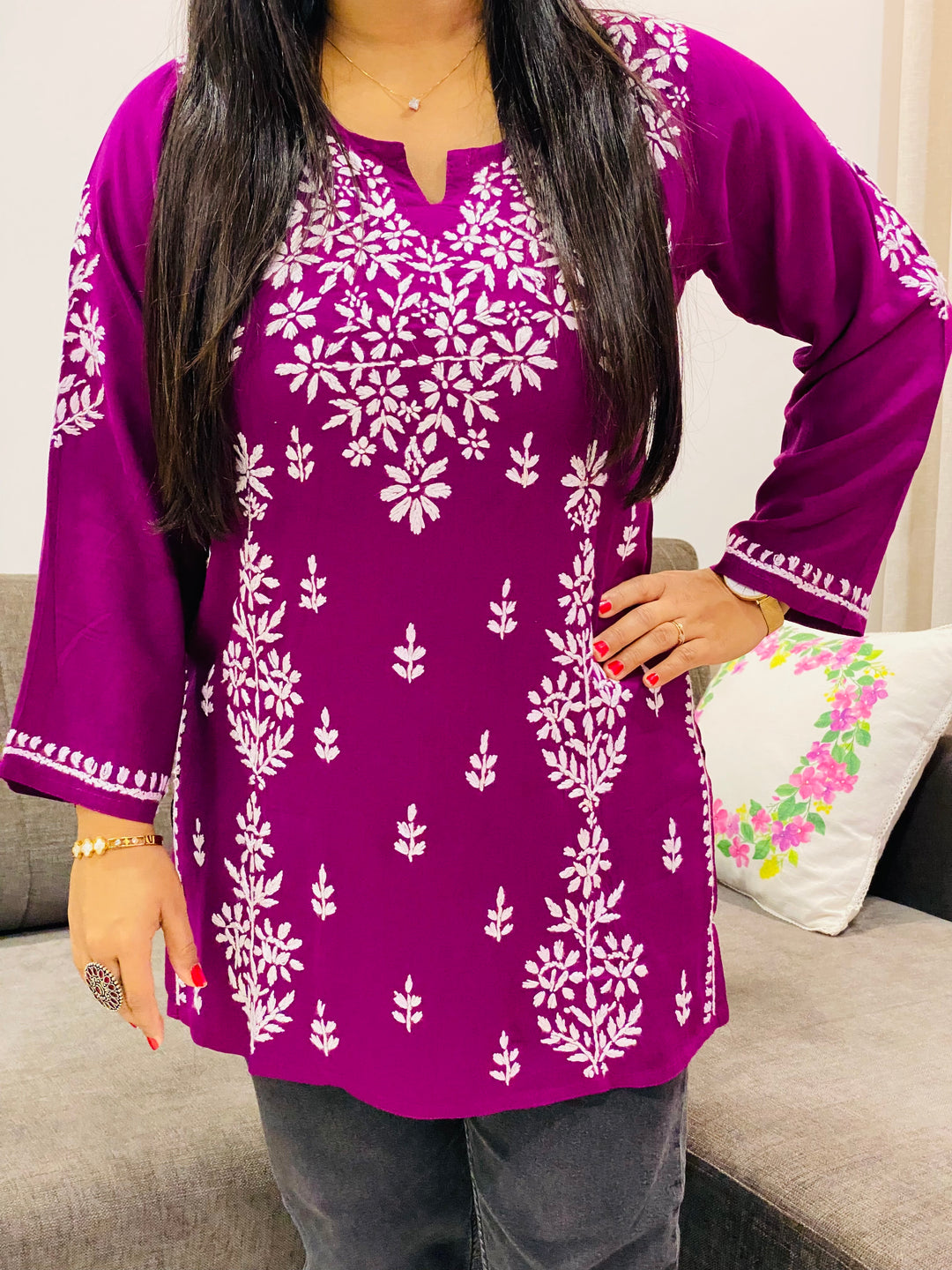 Wine Ayat Chikankari Handwork Women's Modal Short Kurta
