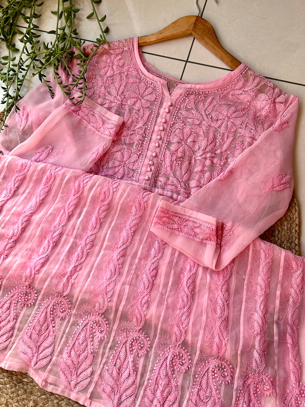 Baby Pink Tara Resham Chikankari Hand Embroidered Women's Yog Anarkali Kurta