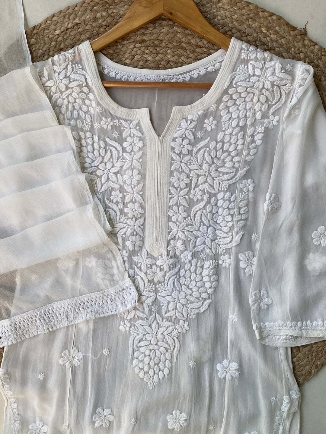 White Zoya Viscose Chikankari Kurta with Dupatta
