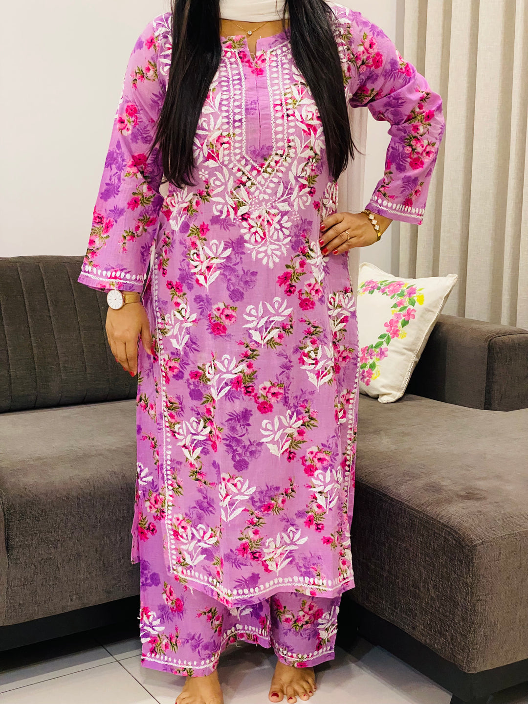 Lilac Diana Mulmul Chikankari Floral Women's Long Kurta Palazzo Set