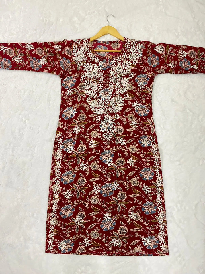 Maroon Inayat Cotton Chikankari Hand Embroidered Women's Long Kurta