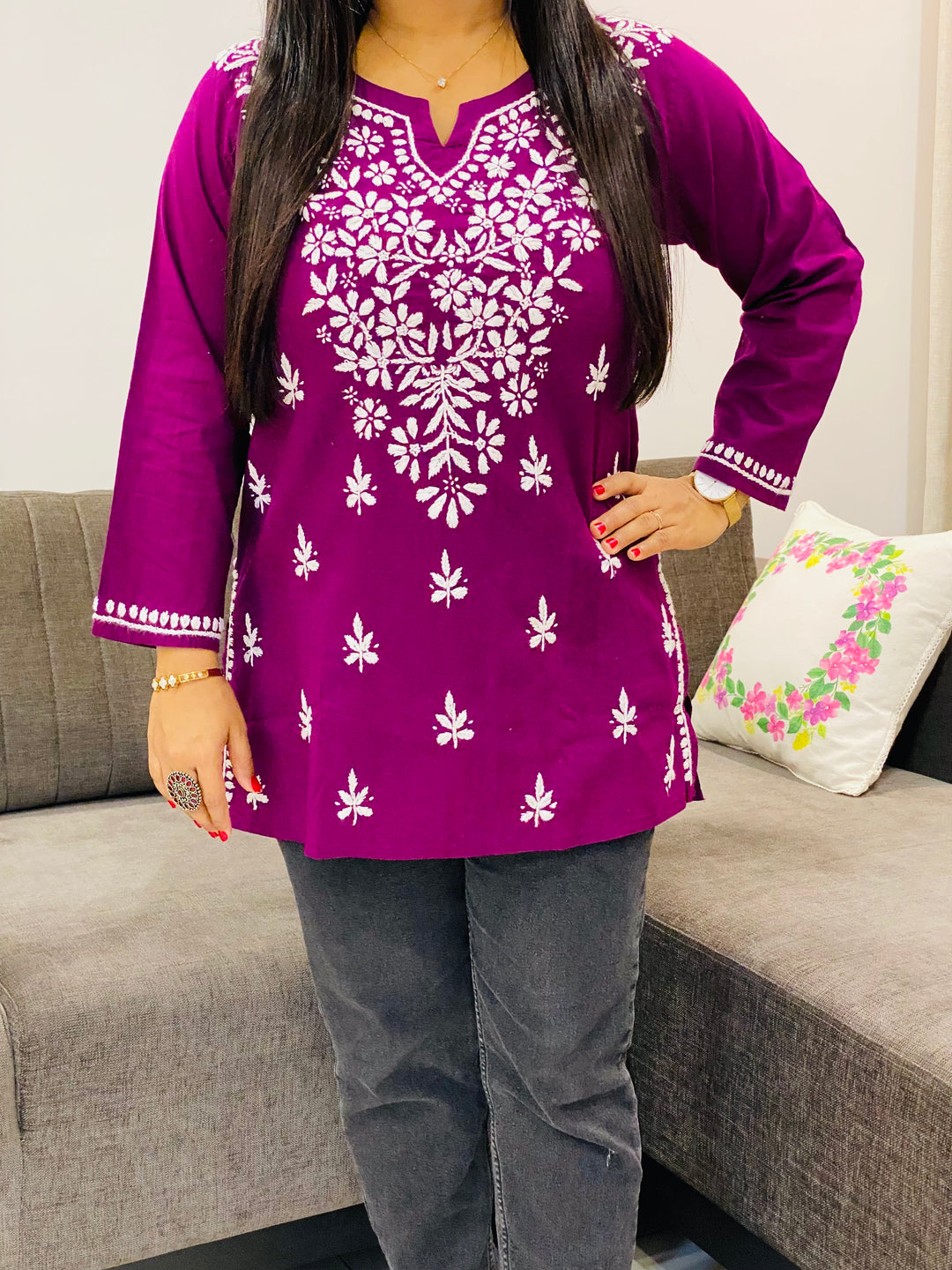 Wine Ekra Cotton Chikankari Solid Women's Short Kurta