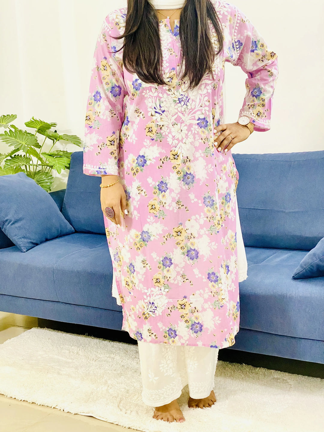 Baby Pink Saloni Mulmul Chikankari Women's Floral Long Kurta