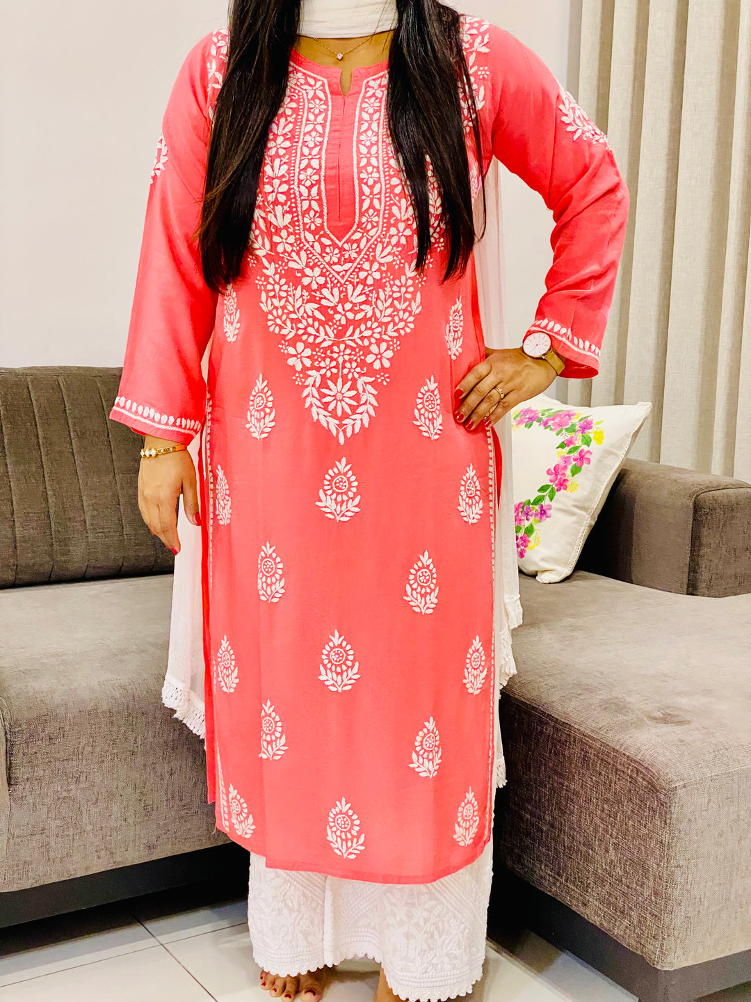 Peach Niya Premium Modal Chikankari Solid Women's Long Kurta
