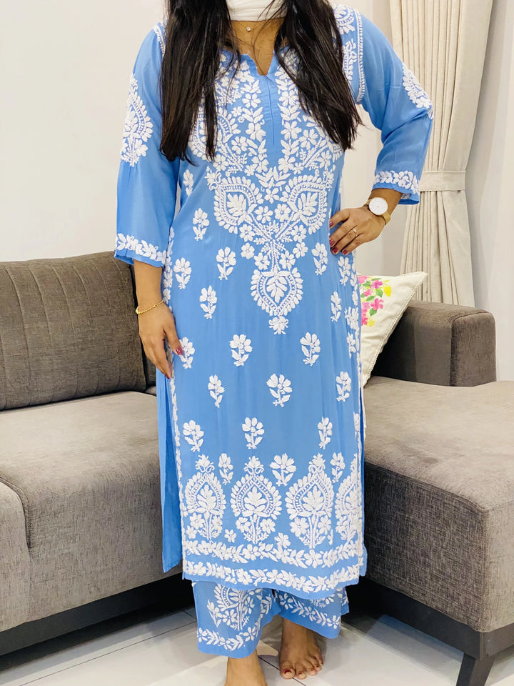 Powder Blue Opium Premium Modal Chikankari Women's Solid Long Kurta Palazzo Set