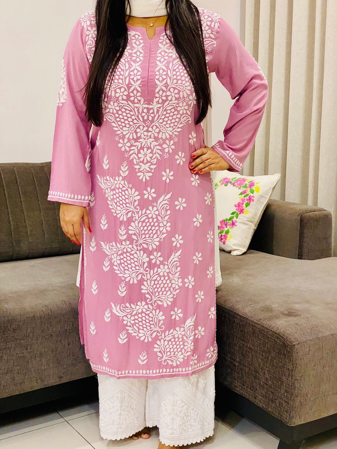 Dusty Pink Esha Premium Modal Chikankari Solid Women's Kurta