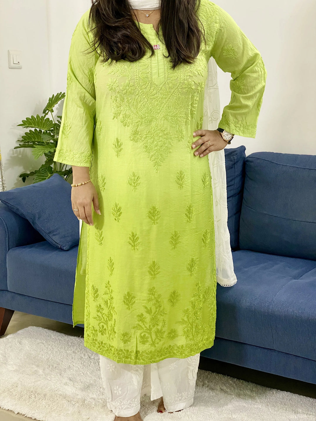 Green Murraya Chanderi Silk Chikankari Hand Embroidered Women's Solid Long Kurta