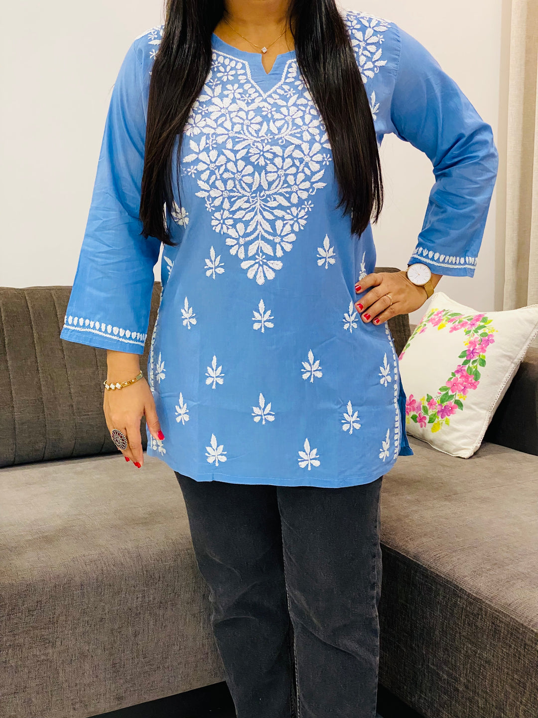Powder Blue Ekra Cotton Chikankari Solid Women's Short Kurta