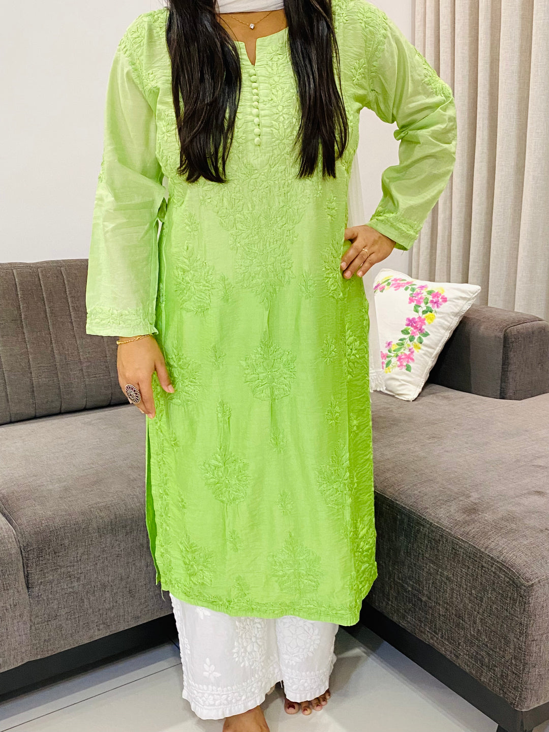 Green Butta Jaal Chanderi Silk Chikankari Women's Solid Long Kurta