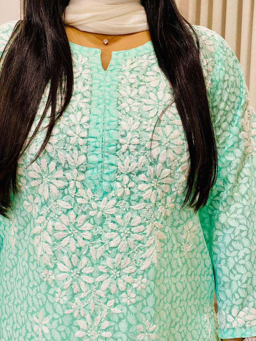 Aqua Aadita Mulmul Cotton Chikankari Handwork Women's Floral Long Kurta