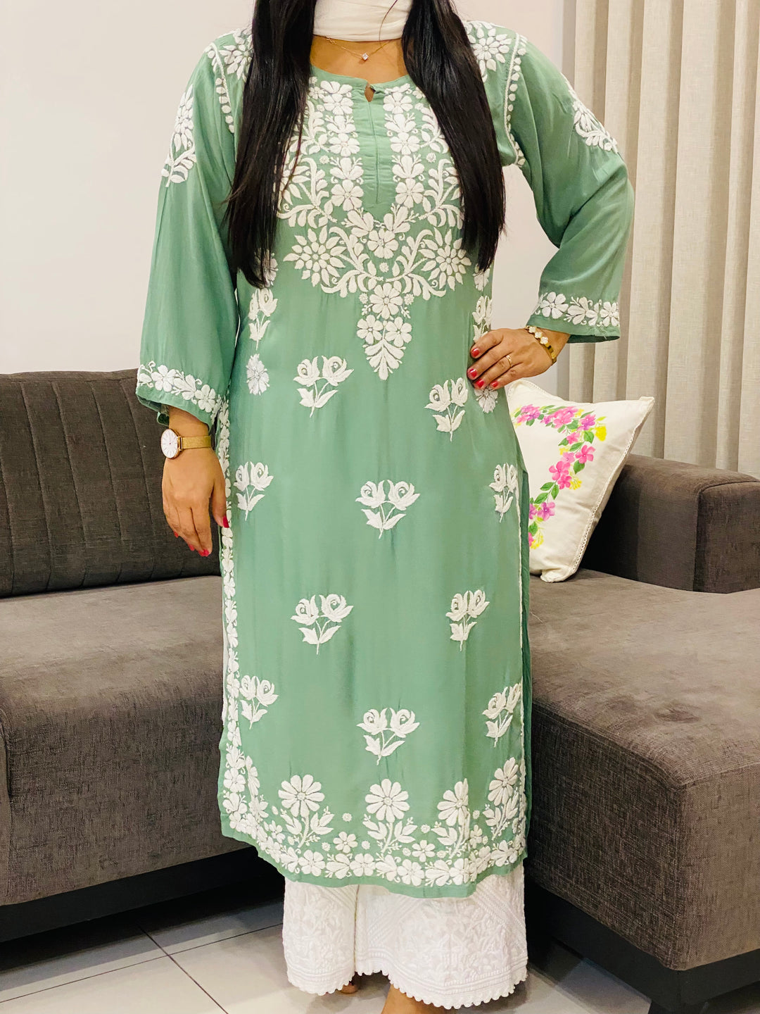 Army Green Bahar Premium Modal Chikankari Women's Long Solid Kurta