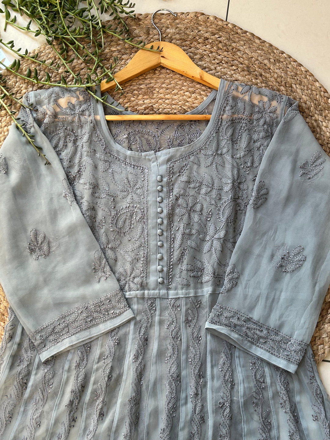 Grey Tara Resham Chikankari Hand Embroidered Women's Yog Anarkali Kurta