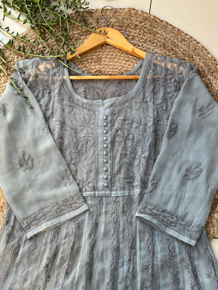 Grey Tara Resham Chikankari Hand Embroidered Women's Yog Anarkali Kurta