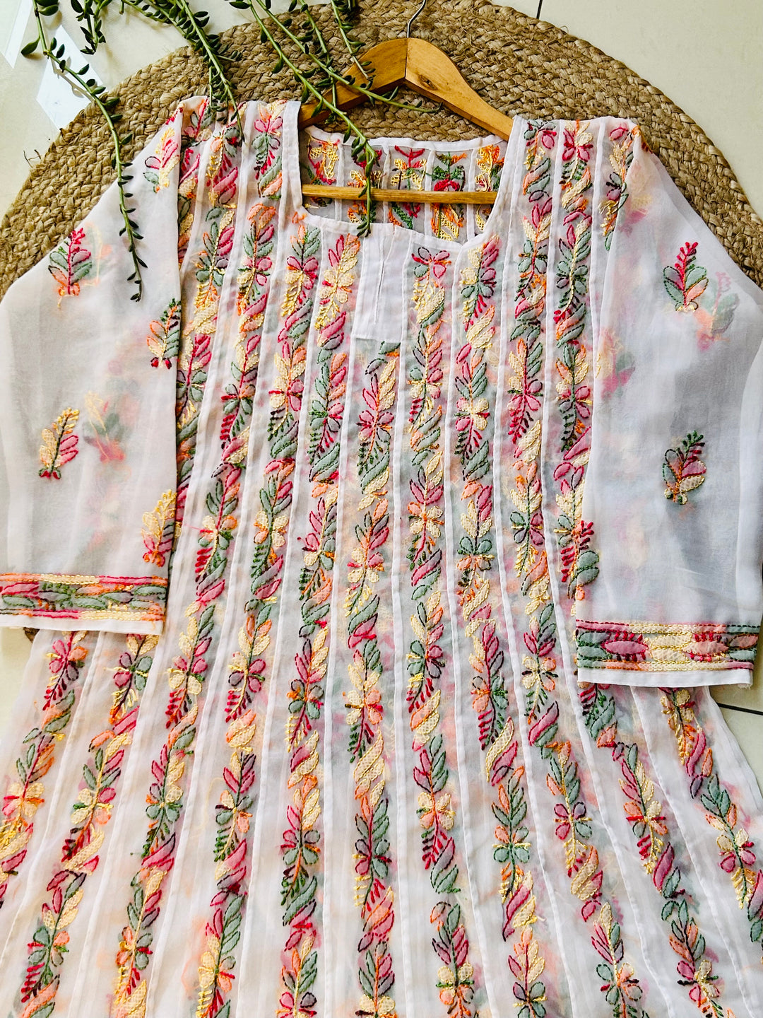 White Tara Resham Chikankari Hand Embroidered Women's Anarkali Kurta