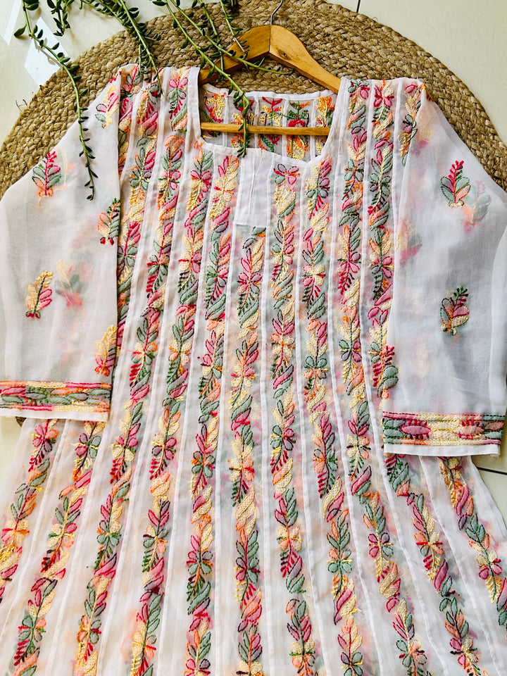 White Tara Resham Chikankari Hand Embroidered Women's Anarkali Kurta