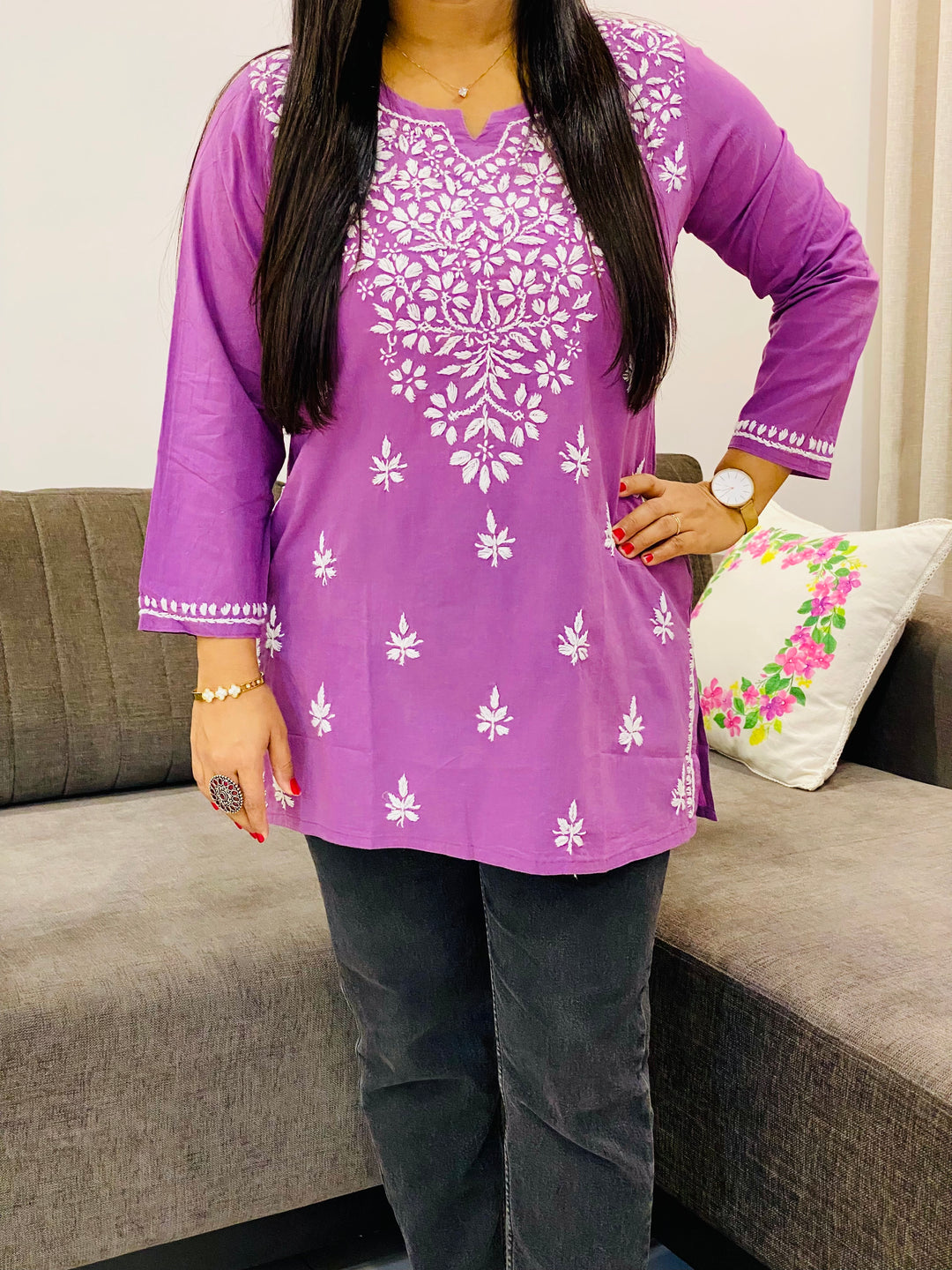 Mauve Ekra Cotton Chikankari Solid Women's Short Kurta