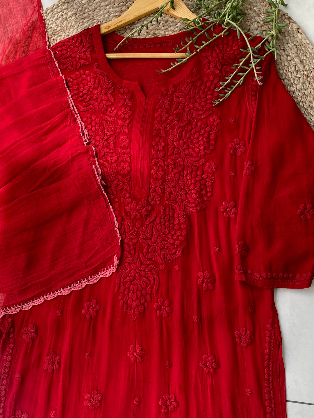 Red Zoya Viscose Chikankari Kurta with Dupatta
