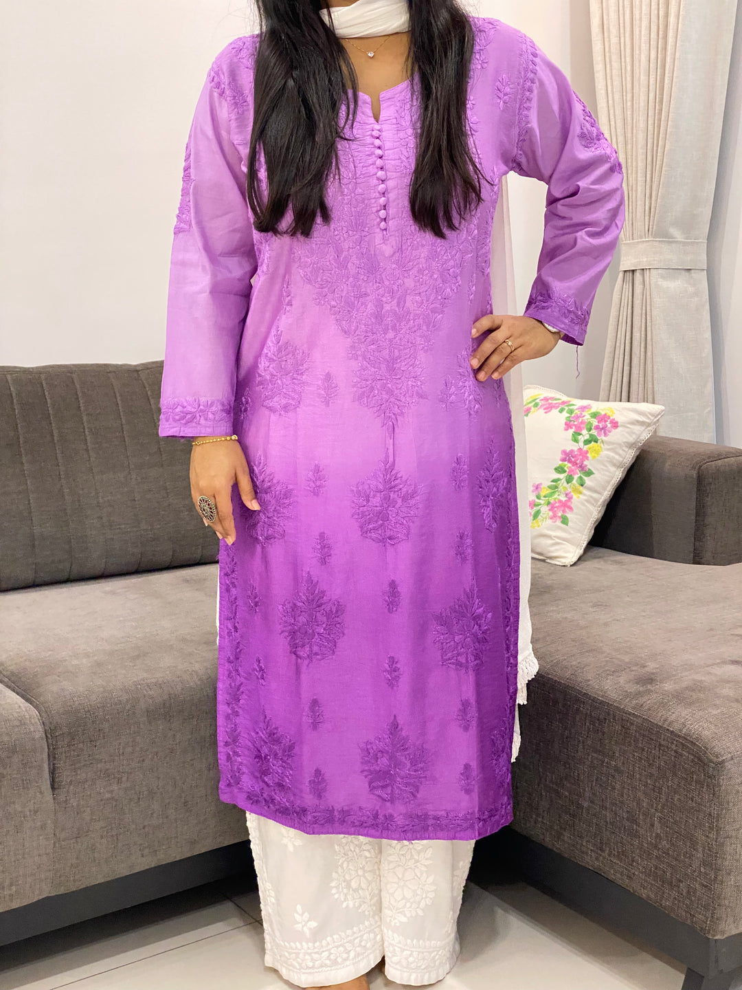 Lavender Butta Jaal Chanderi Silk Chikankari Women's Solid Long Kurta